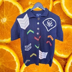 Y2K MiKi 1/4 Button Short Sleeve Knit Sweater with Geometric‎ Design Size Medium